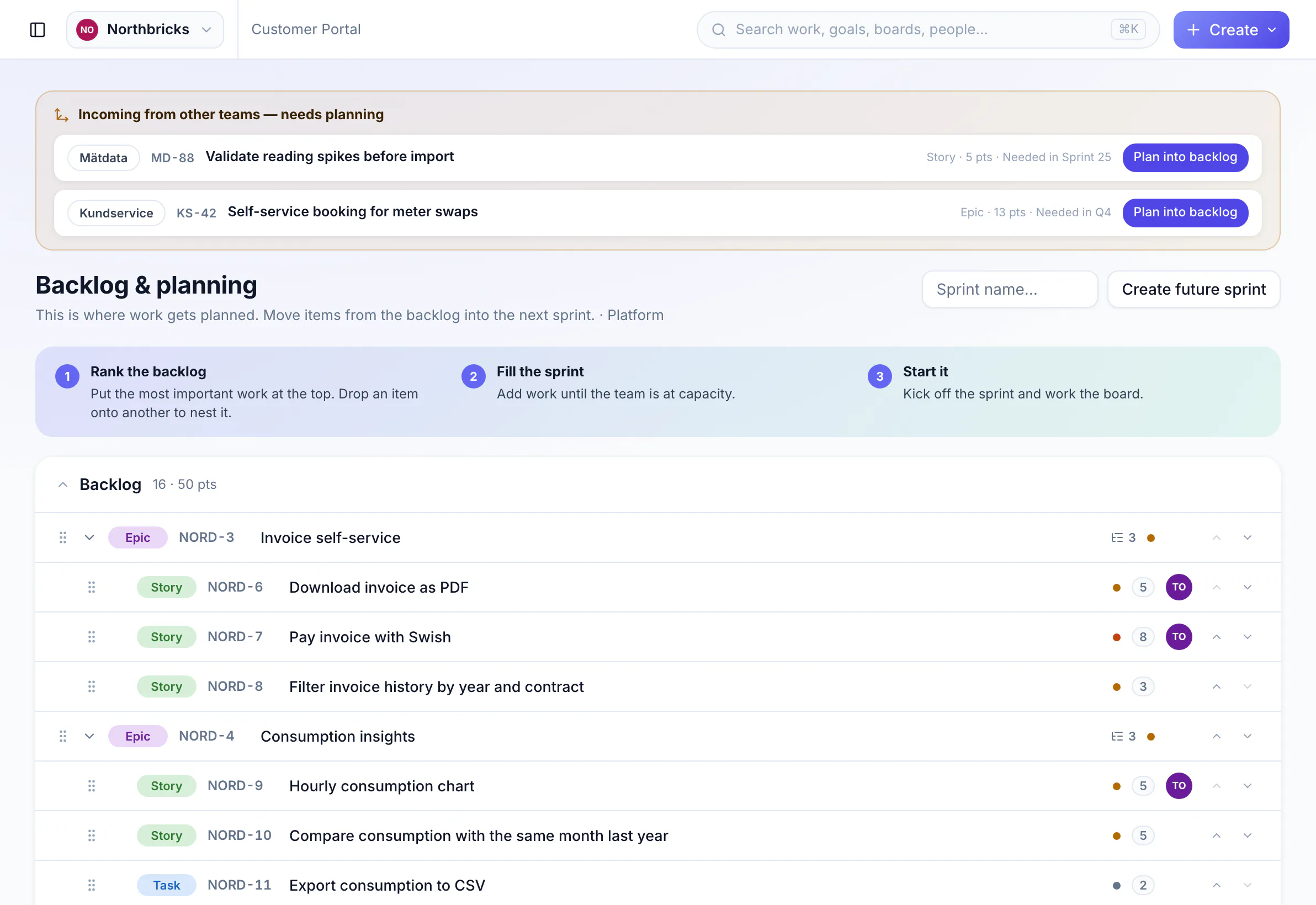 Backlog and planning view with epics expanded to their stories, points per item, and a button to create the next sprint.