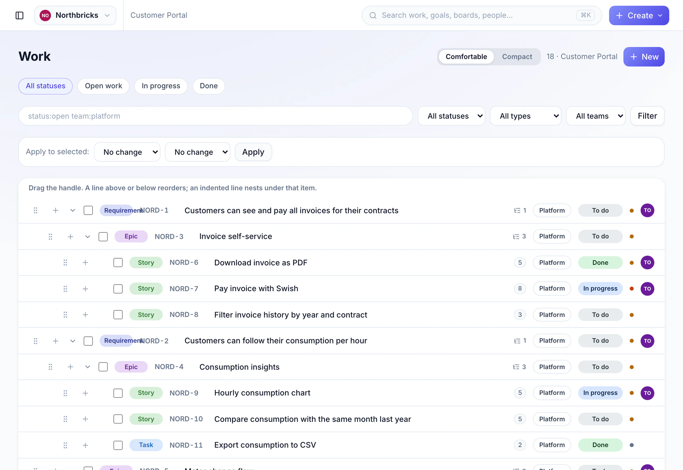 Work view showing requirements with nested epics and stories, each with points, team, status and assignee.